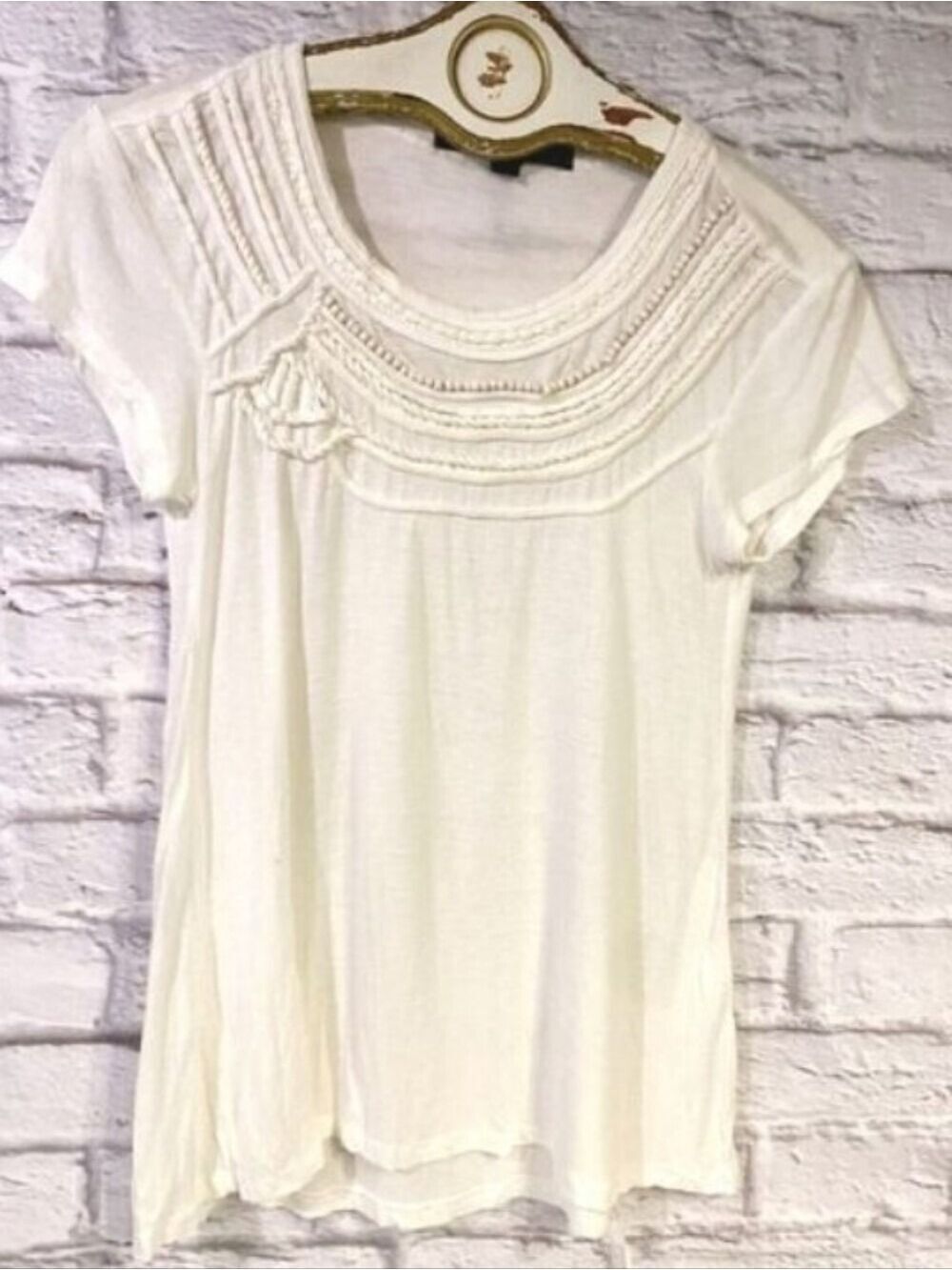 Anthropologie A Common Thread Boho Bead Accent Short Sleeve Linen Blend Top
